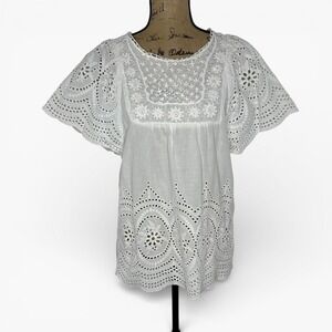 Freeway Eyelet Lace Peasant Blouse White Boho Cottagecore Flutter Sleeve Sz M